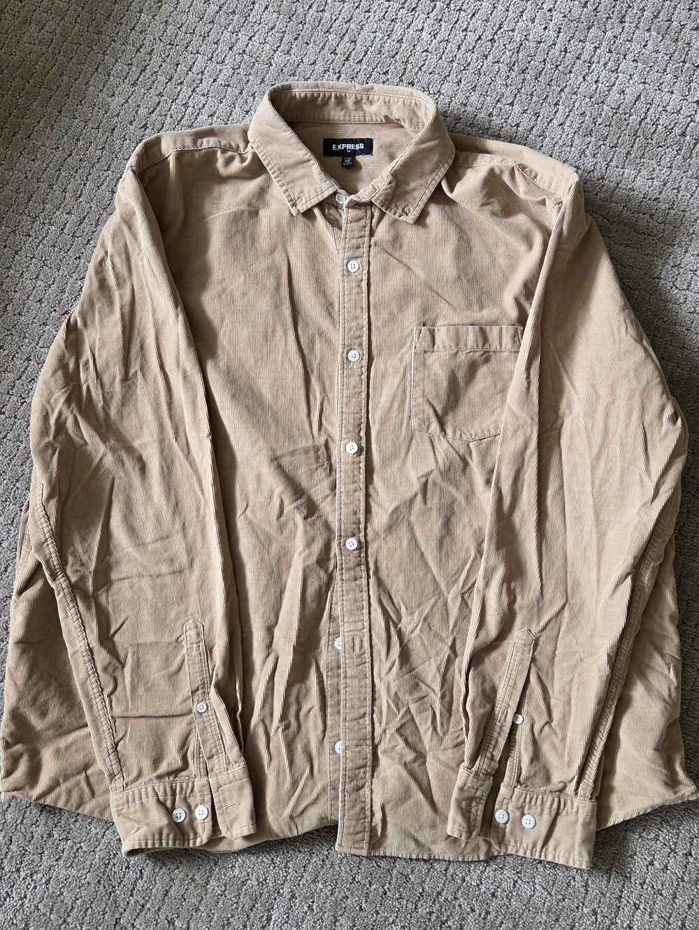 Express Men’s Light Tan Textured Cotton Button-Up | XXL 18-18.5